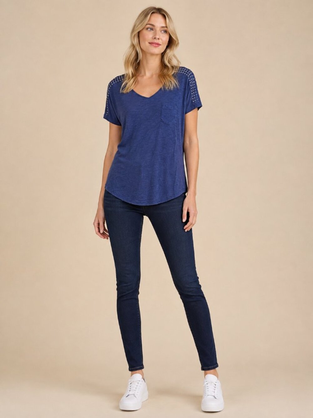 2/$30 Chico's Studded Shoulder V-Neck Tee with Chest Pocket Heather Blue #A4140